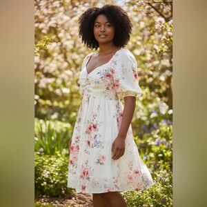 Penelope Rose Floral Cottagecore Dress Puff Sleeve Eyelet Smocked Back Women